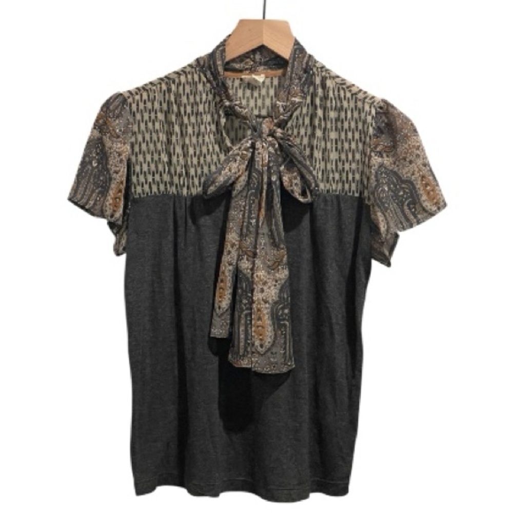 Anthropologie Tiny Joy Tie-Neck Mixed Print Top - Gray/Blue, Short Sleeve, XS - Picture 2 of 14